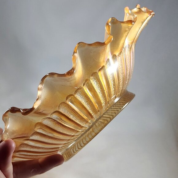 Vtg Northwood Carnival Glass Bowl Opalescent Orange Peach Ruffled Ribbed Pattern - Picture 9 of 9